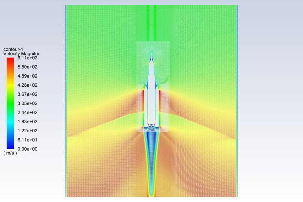 CFD simulation software rendering of compressible air flow around a rocket