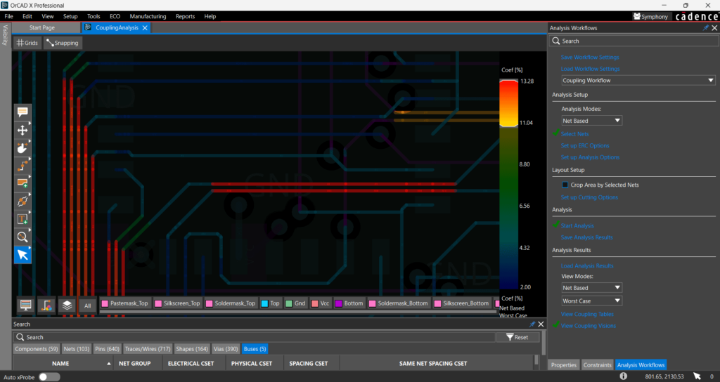 View coupling analysis in OrCAD X Presto with visual overlays in the PCB canvas.