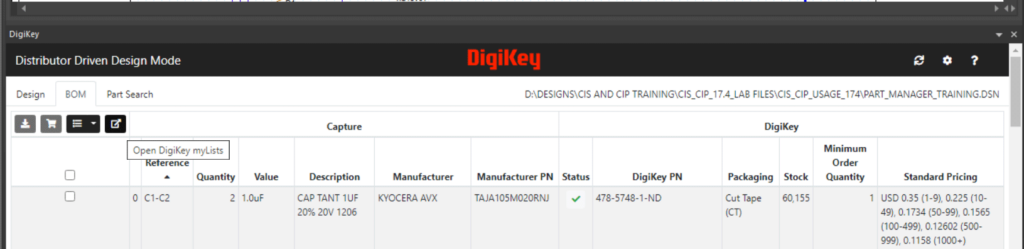 Upload a BOM to MyLists with UltraBOM for Digikey directly from OrCAD X Capture